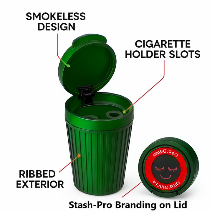 Green ashtray with cigarette holder slots, smokeless design, ribbed exterior, and Stash-Pro branding on lid.
