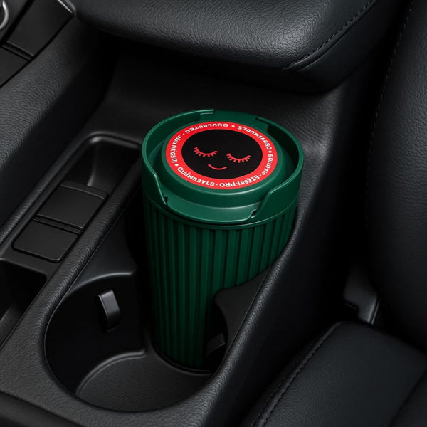 Green cup ashtray with a smiley face design in a car's cup holder.
