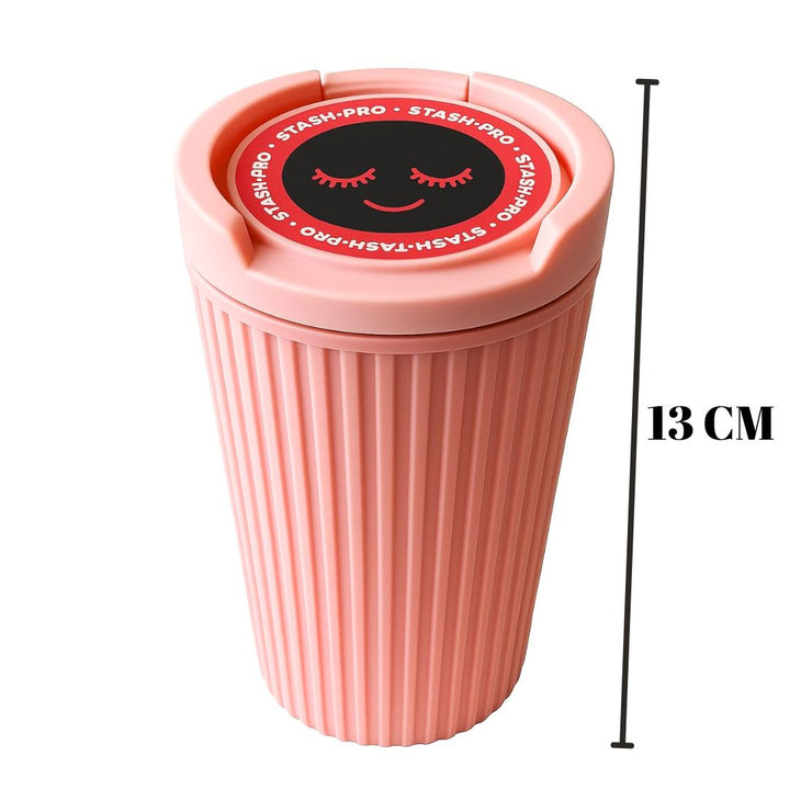 Pink textured Car ashtray with smiley face lid on a white background