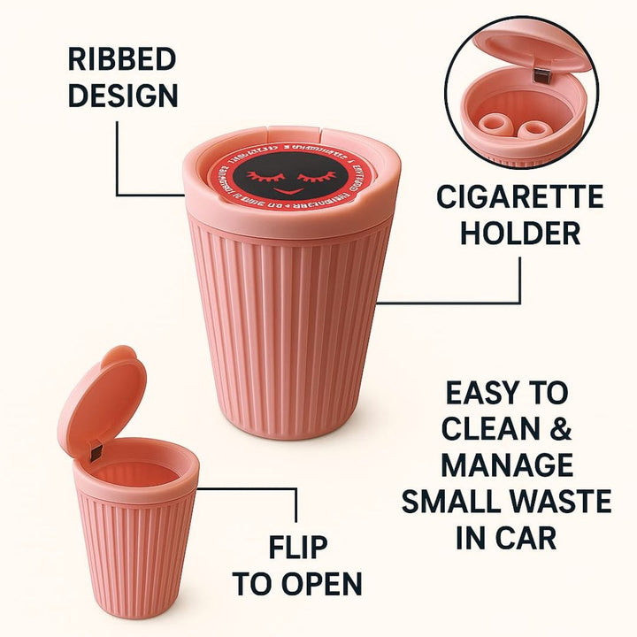 Pink cigarette holder with ribbed design and flip-top lid, labeled features on a white background.