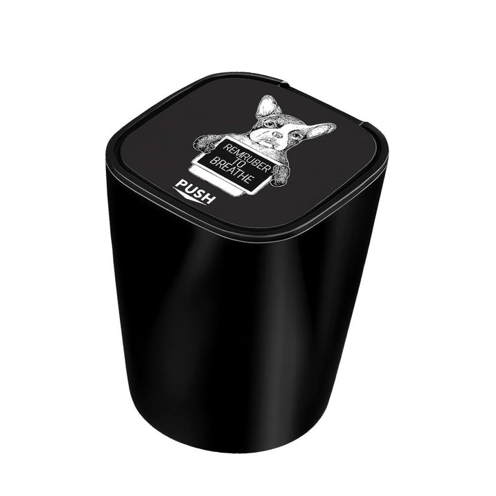 Black cigarette trash can with a lid featuring a dog illustration and text on a white background