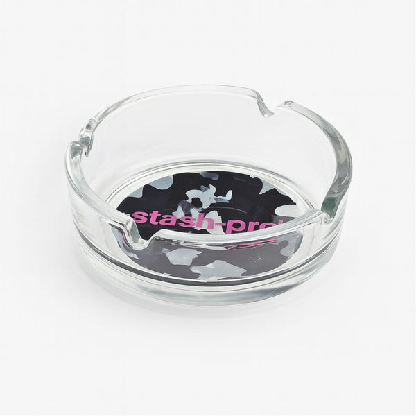 Clear glass ashtray with 'stash-pre' branding on a white background