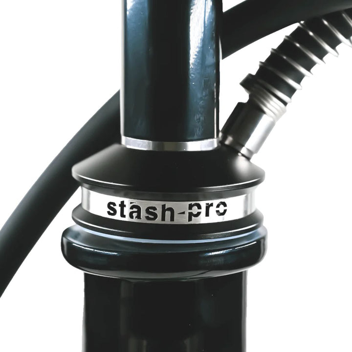 Close-up of a black and silver 'stash-pro' component on a white background