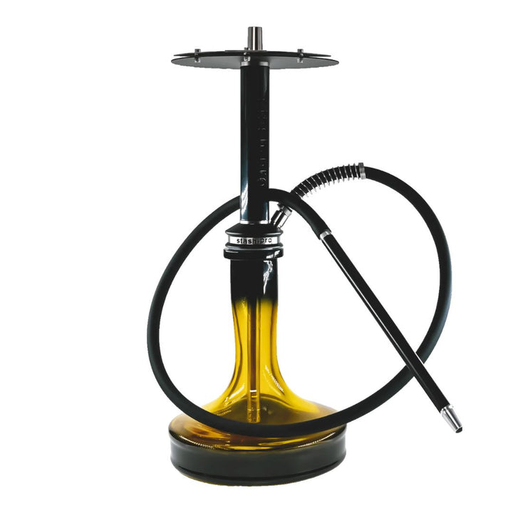Shisha with black hose and amber glass base on a white background