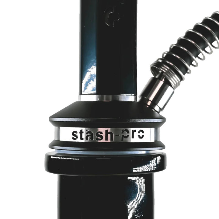 Close-up of a black and silver 'stash-pro' device on a white background