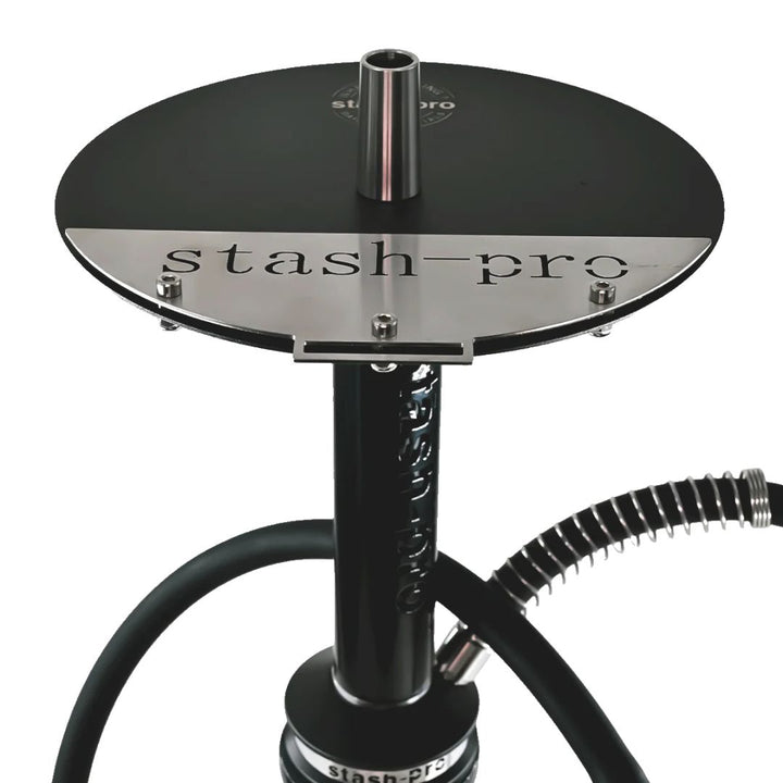 Black and silver hookah base with 'stash-pro' branding on a white background