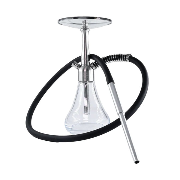 Shisha with clear glass bowl and black hoses on a white background