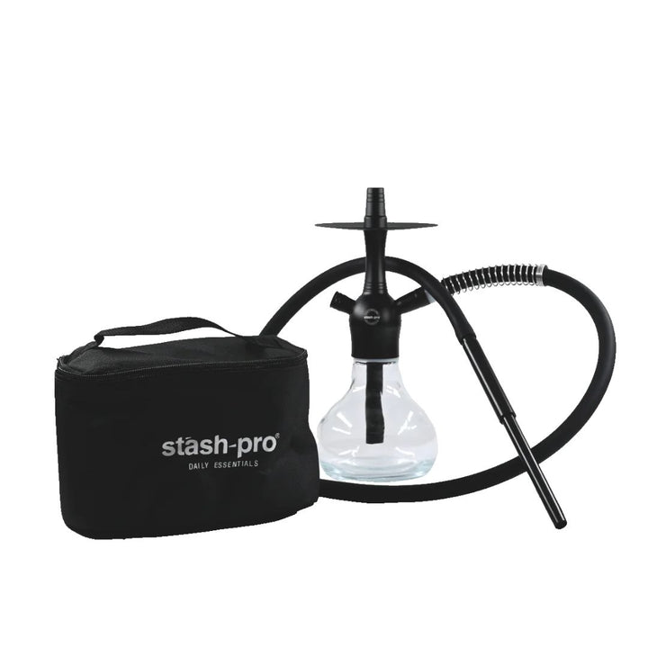Black hookah set with clear glass bowl and black hose on a white background, featuring 'stash-pro' branding.