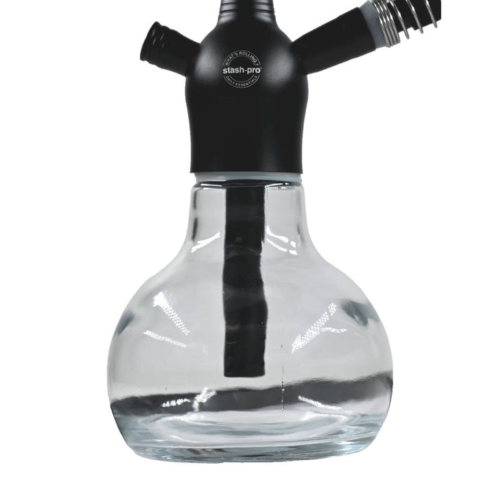 Clear glass hookah with black accents on a white background