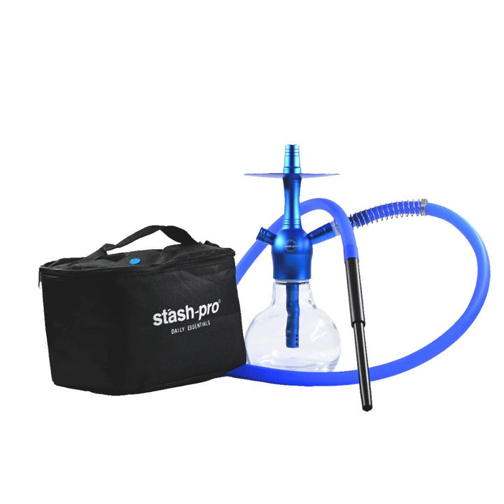 Blue hookah with clear chamber and black hose next to a black 'stash-pro' bag on a white background