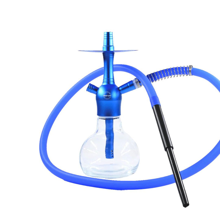 Blue hookah with clear container and black hose on a white background