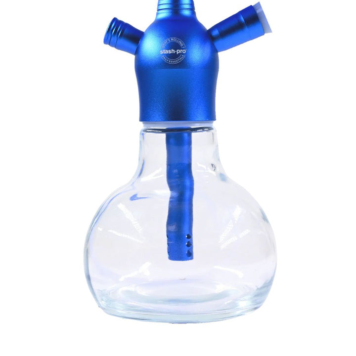 Clear glass container with blue metal top on a white background