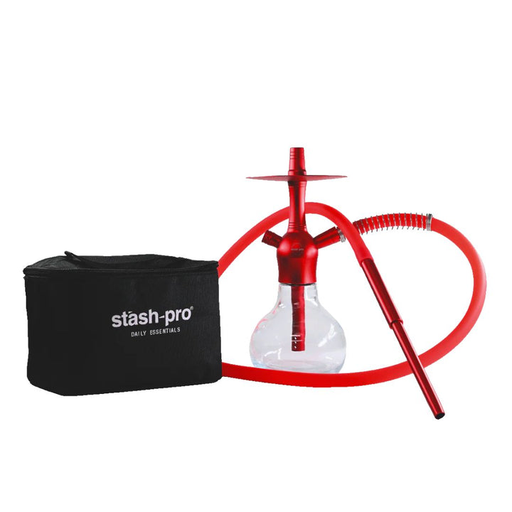 Red hookah with clear chamber and black carrying case labeled 'stash-pro' on a white background