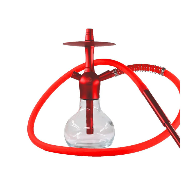 Red hookah with clear glass container on a white background