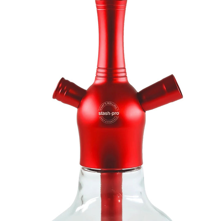 Red and clear glass smoking accessory with 'stash pro' branding on a white background
