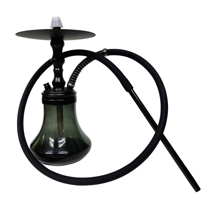 Black and green hookah with a hose on a white background