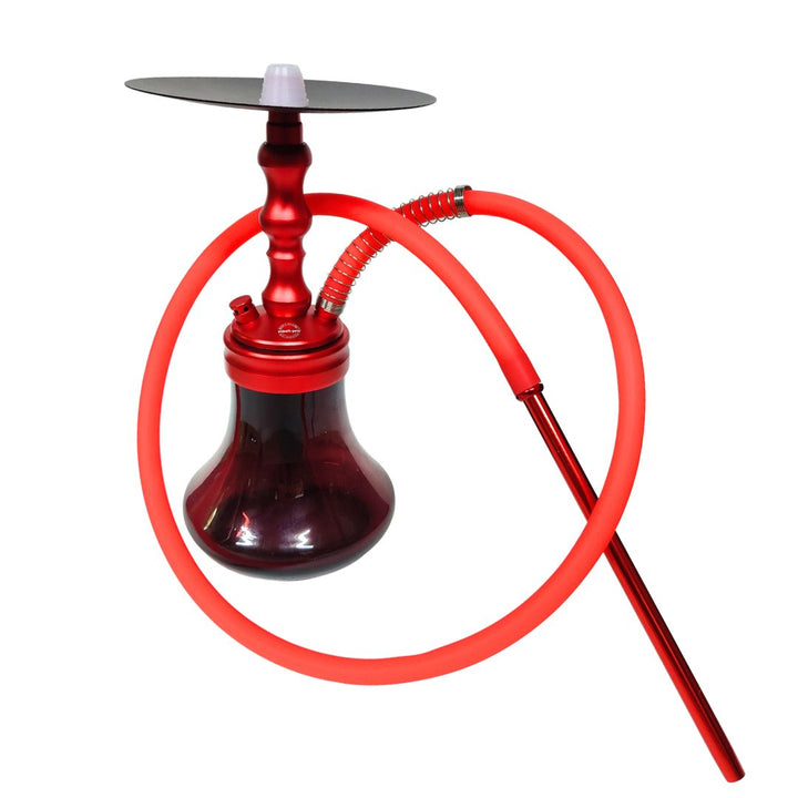 Red and black hookah with a single hose on a white background