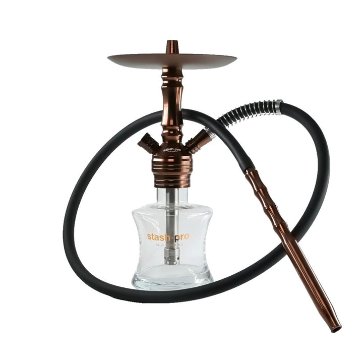 Hookah with copper accents and a clear glass base on a white background