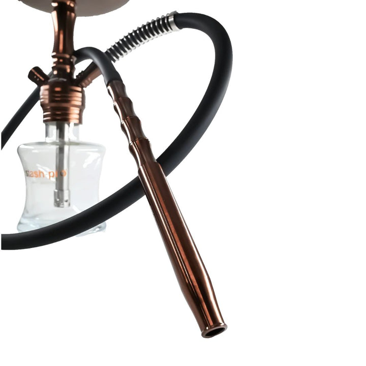 Hookah with copper accents and a clear shisha pot on a white background