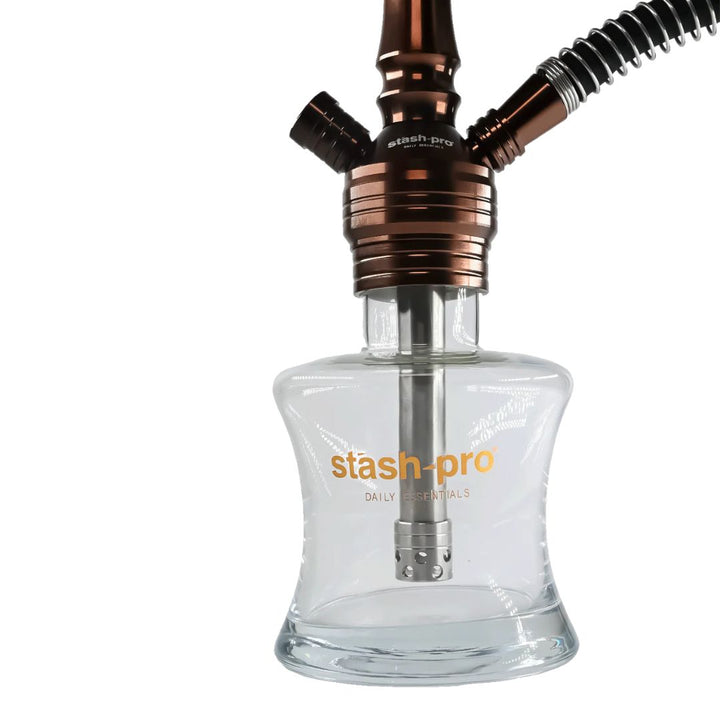 Clear glass smoking device with copper accents and 'stash-pro' branding on a white background