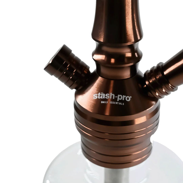 Copper-colored smoking device with 'stash-pro' branding on a white background