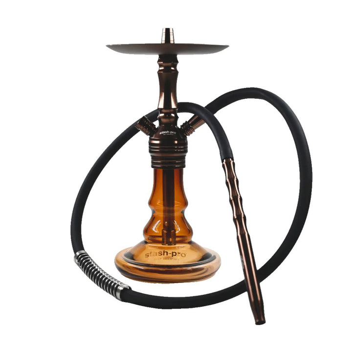 Hookah with brown glass base and black hose on a white background