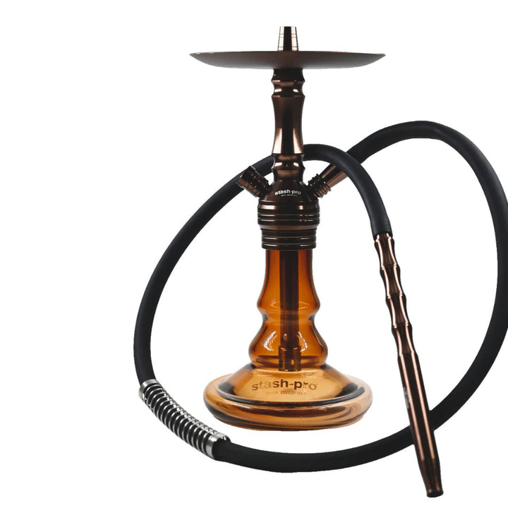 Hookah with brown glass base and black hose on a white background