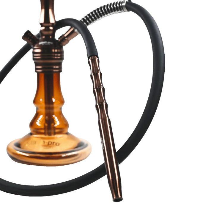 Hookah with brown glass bowl and bronze accents on a white background