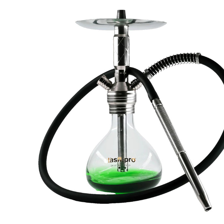 Shisha with green liquid and 'stashpro' branding on a white background