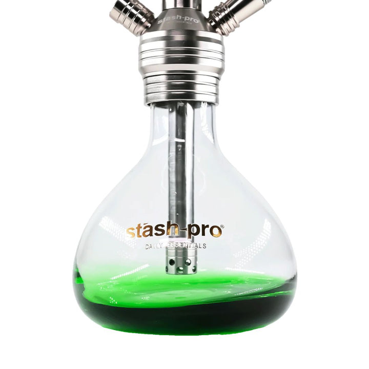 Glass container with green liquid and 'stash-pro' branding on a white background