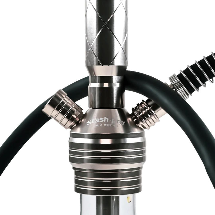 Close-up of a metallic and black hookah with 'Stash Pro' branding on a white background.