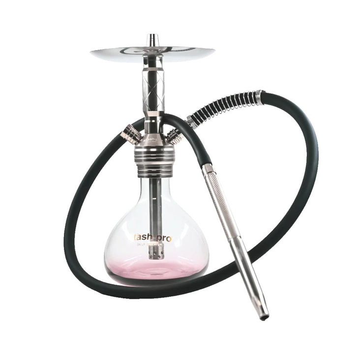 Shisha with pink sand and black hoses on a white background