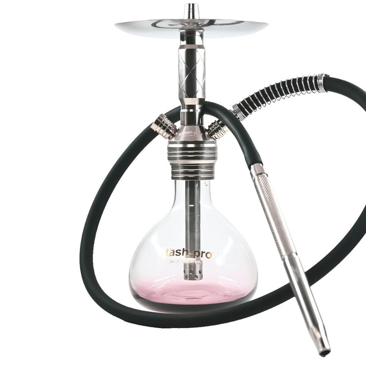 Shisha with black hose and clear glass bowl on a white background