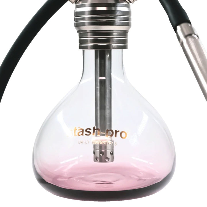 Close-up of a glass hookah with 'stash-pro' branding on a white background