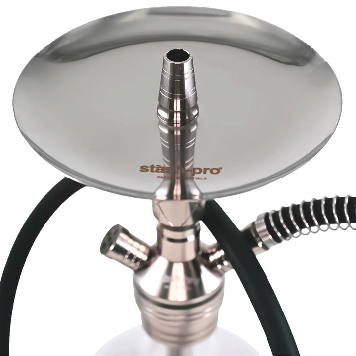Close-up of a metallic hookah with 'Stash Pro' branding on a white background