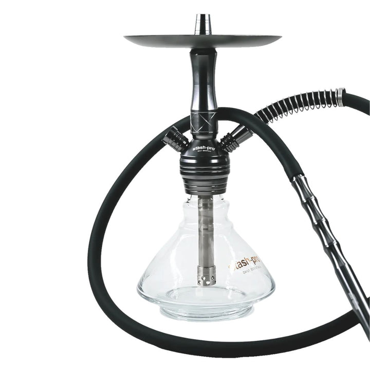 Shisha pipe with clear chamber and black hose on a white background