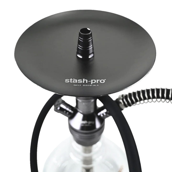 Black hookah bowl with 'stash-pro' branding on a white background