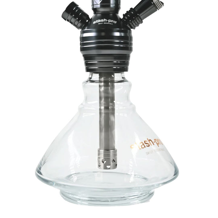 Clear glass shisha with black and silver top on a white background