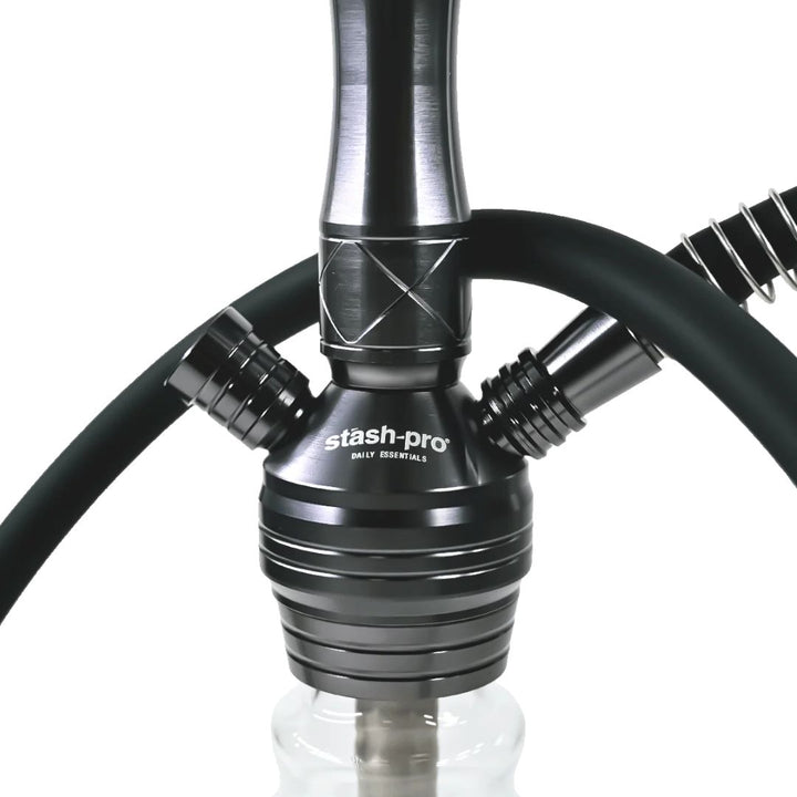 Black and silver hookah with 'stash-pro' branding on a white background