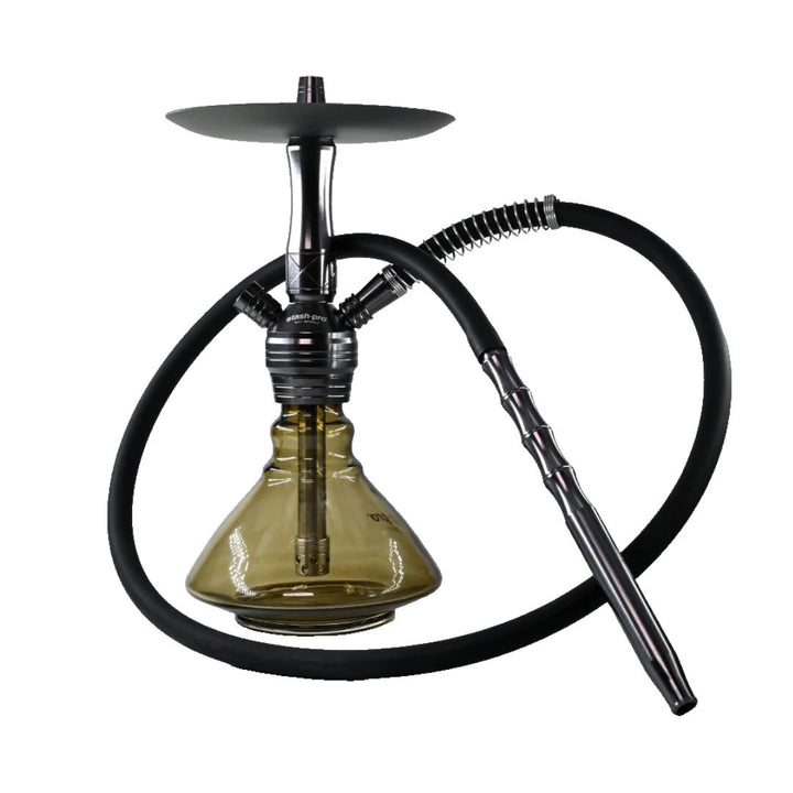 Shisha pipe with black hose and glass bowl on a white background