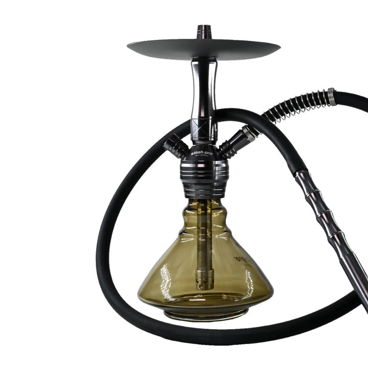 Hookah with black hose and greenish-brown glass bowl on a white background
