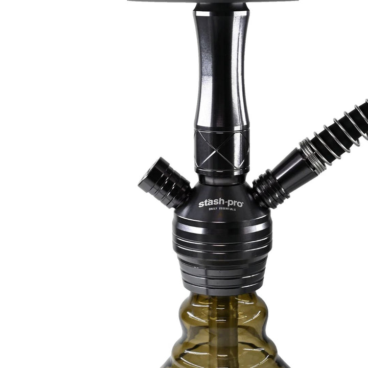 Black and silver shisha with 'stash-pro' branding on a white background