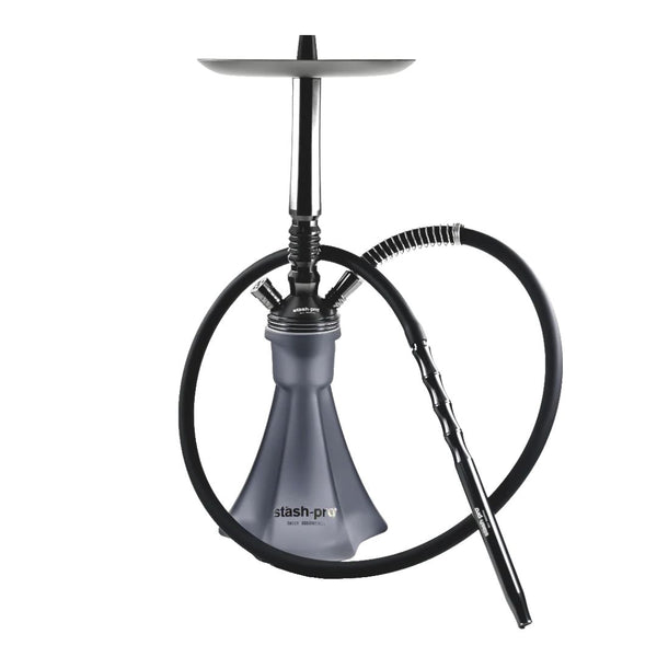 Shisha pipe with black hose and gray base on a white background