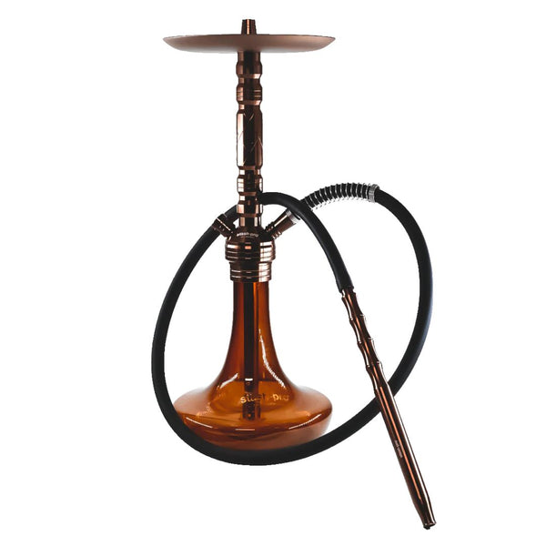 Hookah with brown base and black hose on a white background