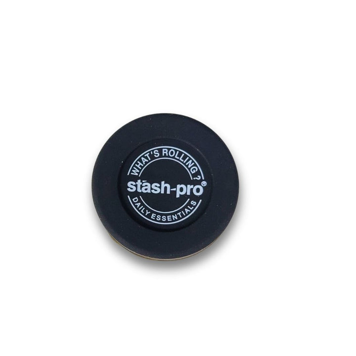 Black round container with 'stash-pro' branding on a white background