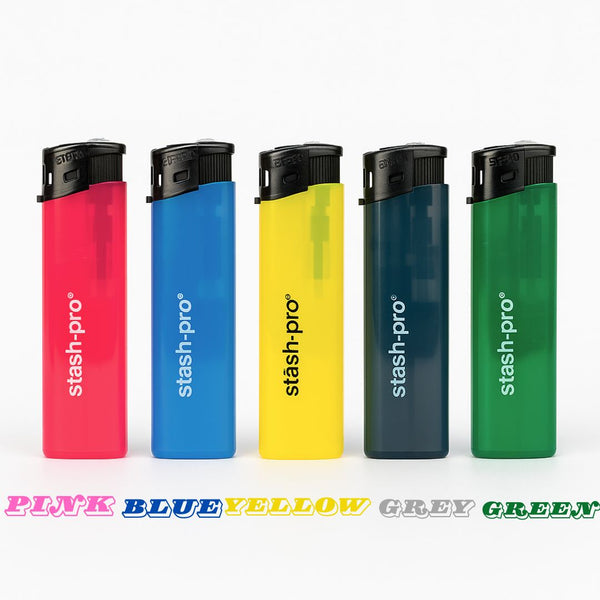 Five colorful lighters with 'stash-pro' branding on a white background.