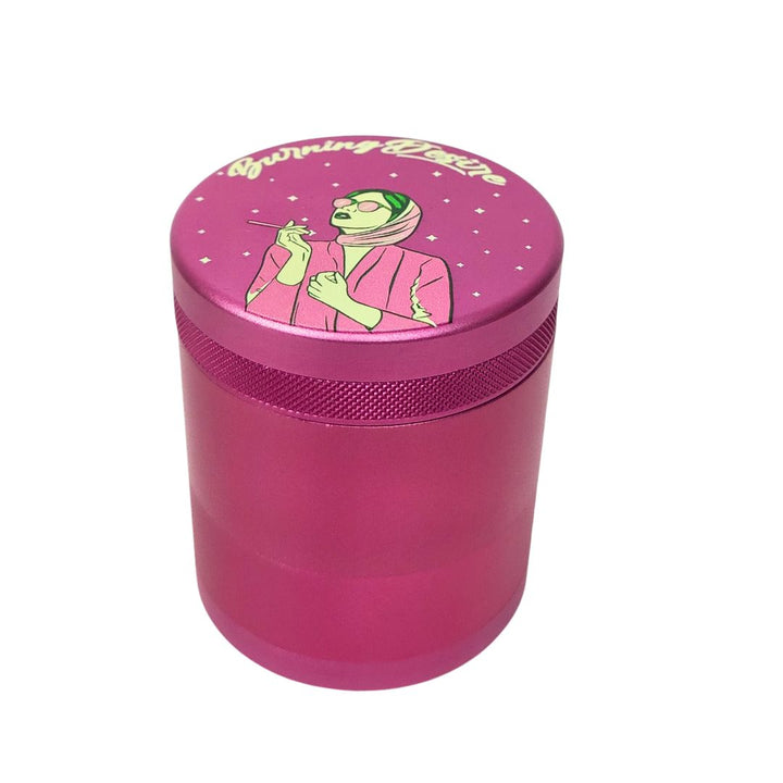 Pink grinder with 'Burning Desire' text on a white background