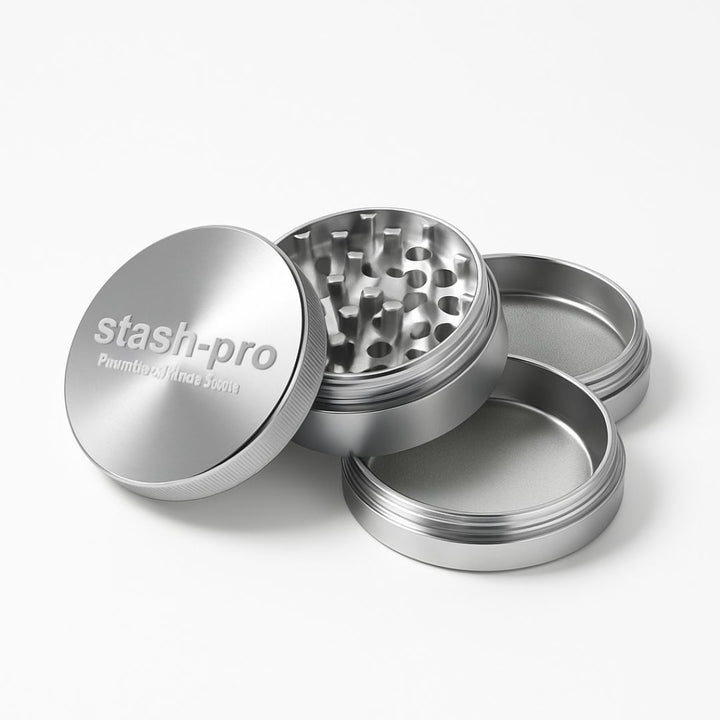 Silver metal grinder with 'stash-pro' branding on a white background