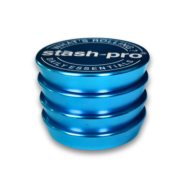 Blue herb grinder with 'stash-pro' branding on a white background