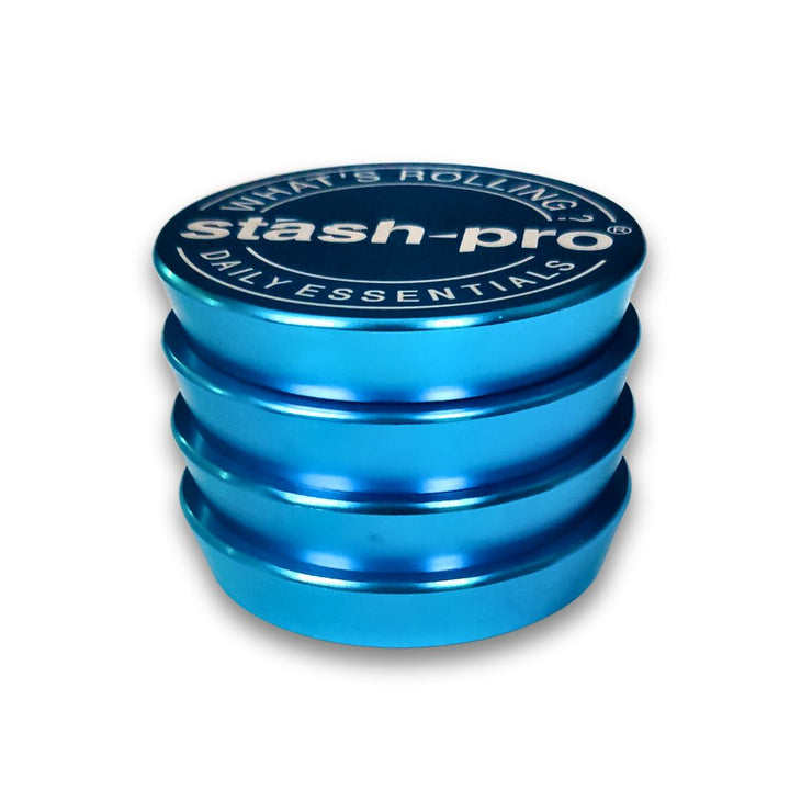 Blue herb grinder with 'stash-pro' branding on a white background
